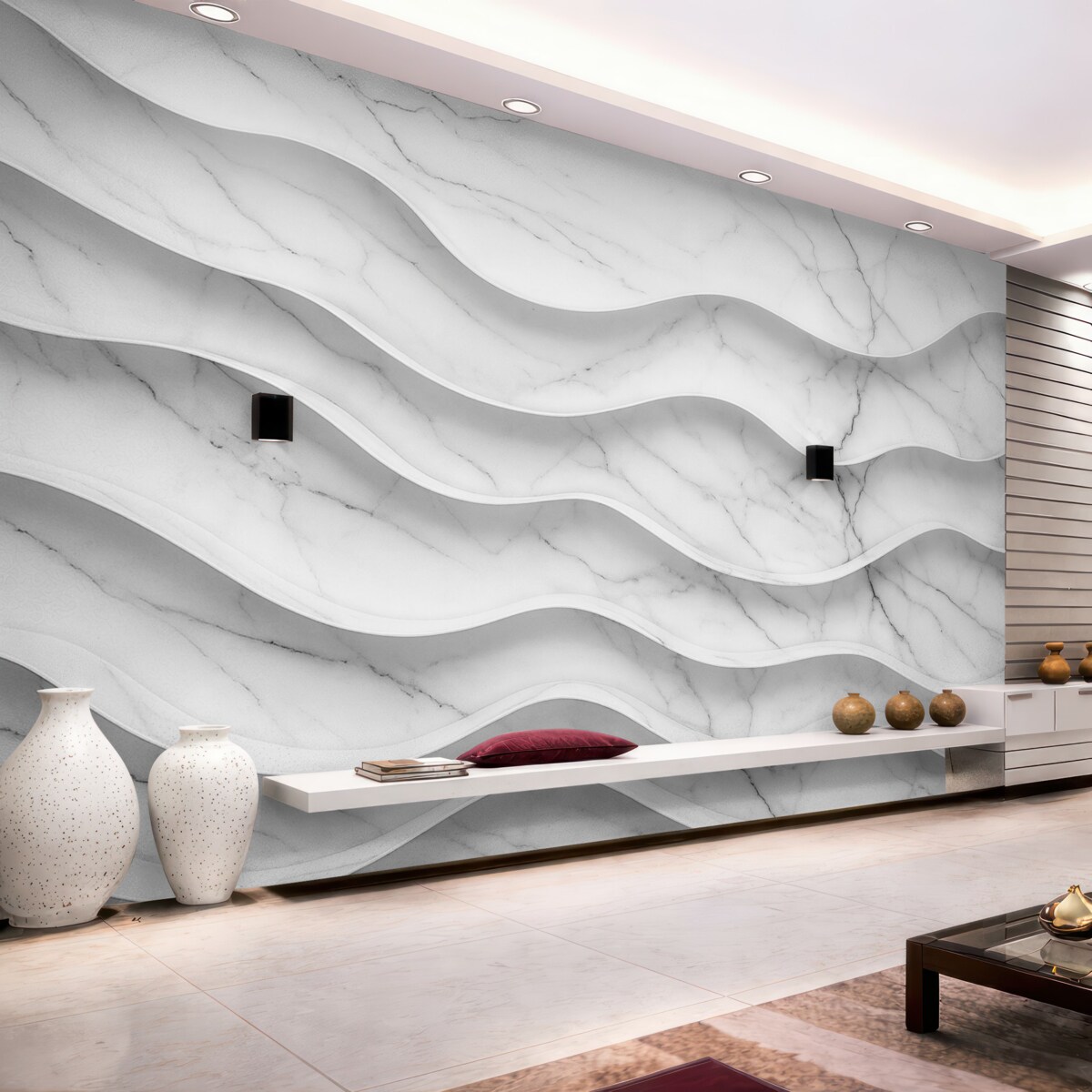 Fototapeta Abstrakcyjna kompozycja gładkich, falujących struktur przypominających marmur w jasnych tonach bieli i szarości.