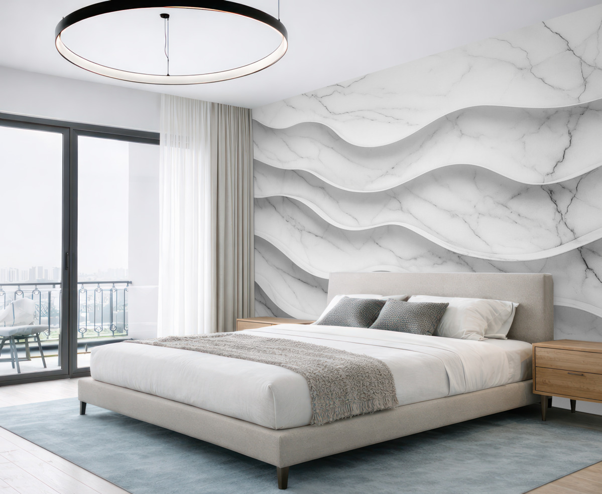 Fototapeta Abstrakcyjna kompozycja gładkich, falujących struktur przypominających marmur w jasnych tonach bieli i szarości.