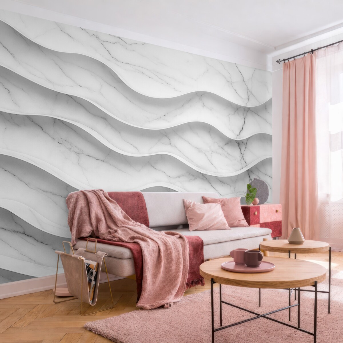 Fototapeta Abstrakcyjna kompozycja gładkich, falujących struktur przypominających marmur w jasnych tonach bieli i szarości.