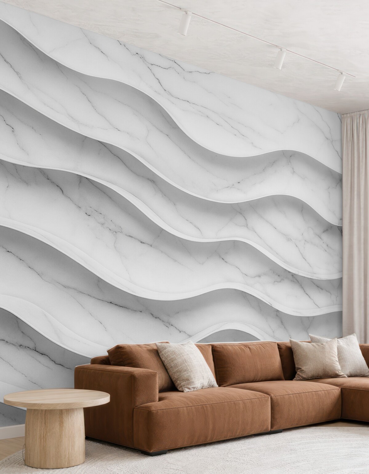 Fototapeta Abstrakcyjna kompozycja gładkich, falujących struktur przypominających marmur w jasnych tonach bieli i szarości.