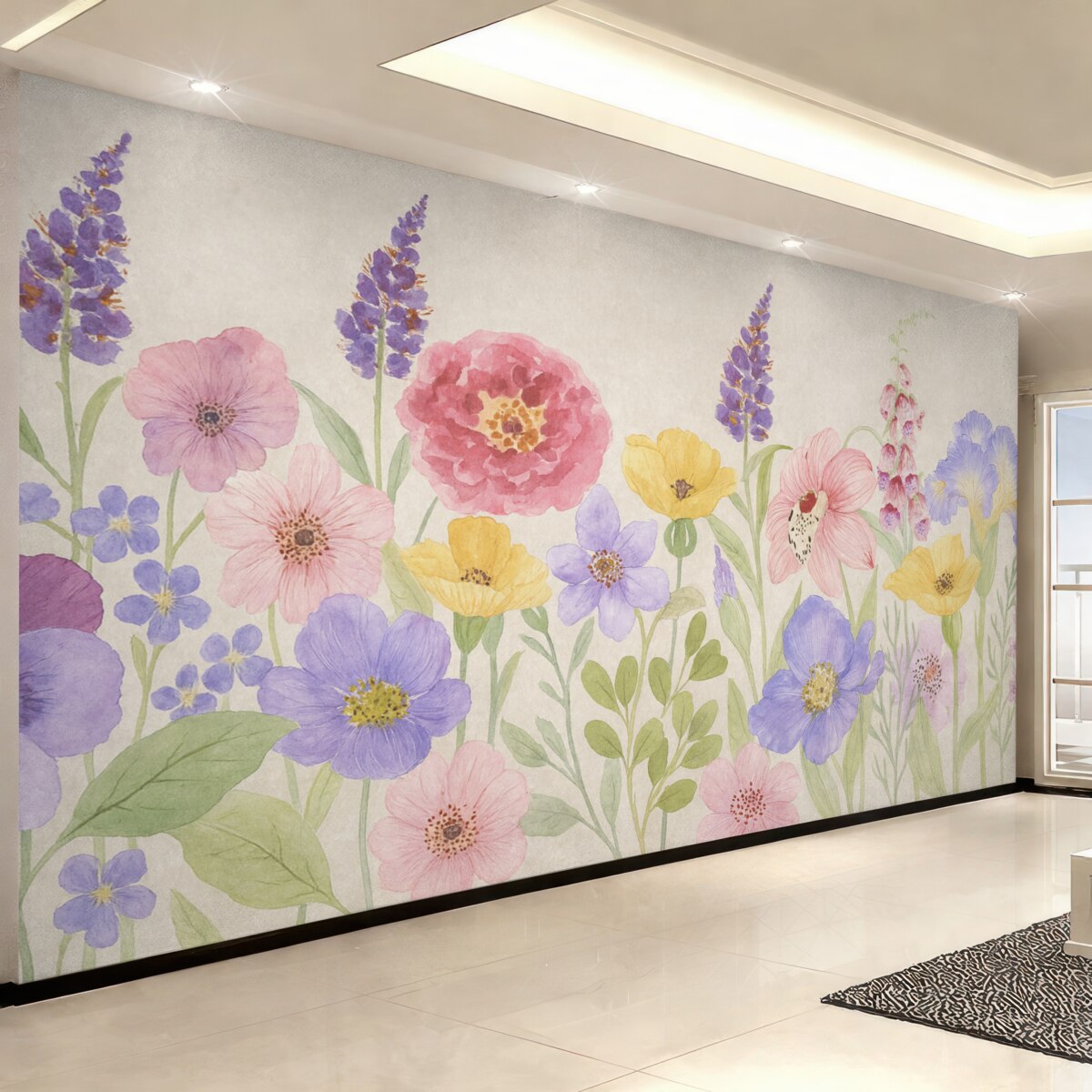 Fototapeta Kwiaty dzikie, jasne kwiaty, kwiaty na szarej powierzchni, akwarela.