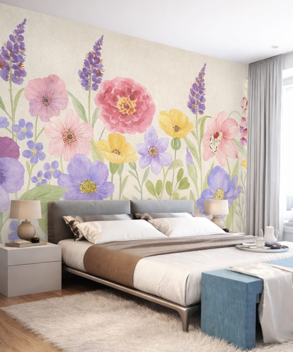 Fototapeta Kwiaty dzikie, jasne kwiaty, kwiaty na szarej powierzchni, akwarela.