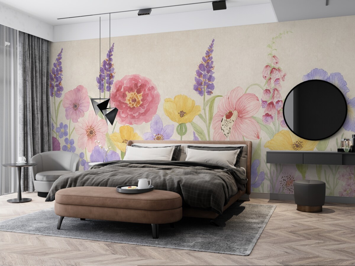 Fototapeta Kwiaty dzikie, jasne kwiaty, kwiaty na szarej powierzchni, akwarela.