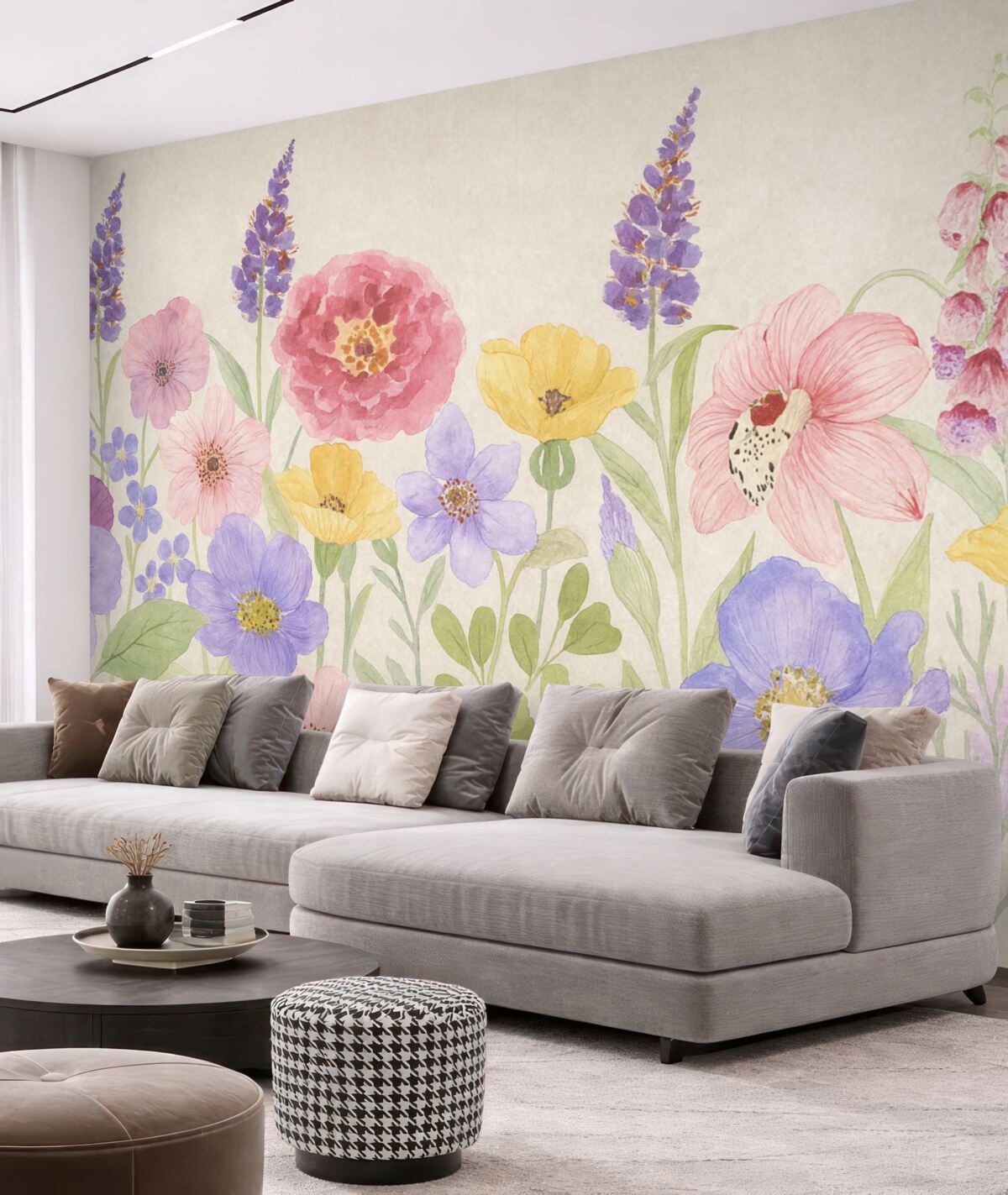 Fototapeta Kwiaty dzikie, jasne kwiaty, kwiaty na szarej powierzchni, akwarela.