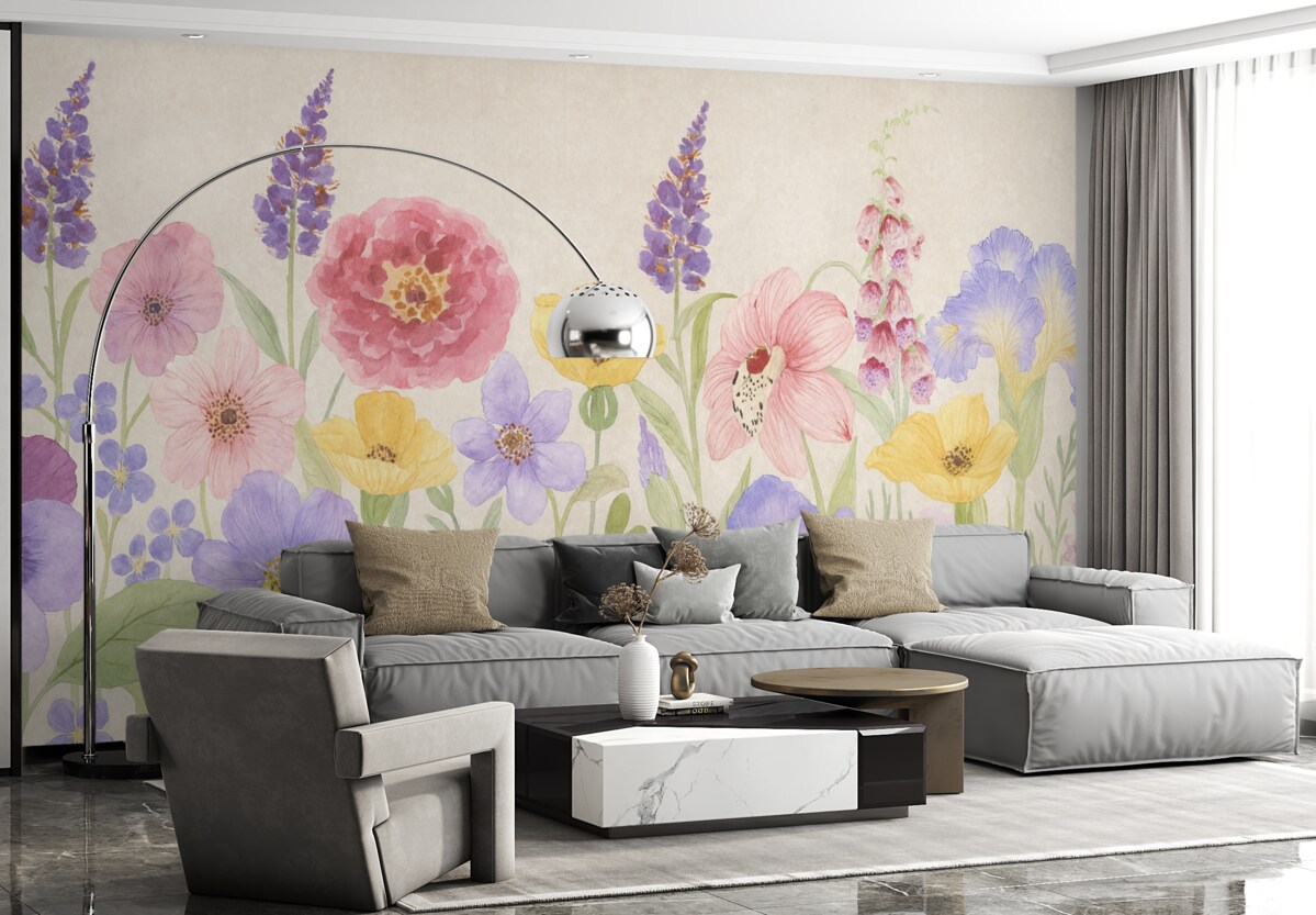 Fototapeta Kwiaty dzikie, jasne kwiaty, kwiaty na szarej powierzchni, akwarela.