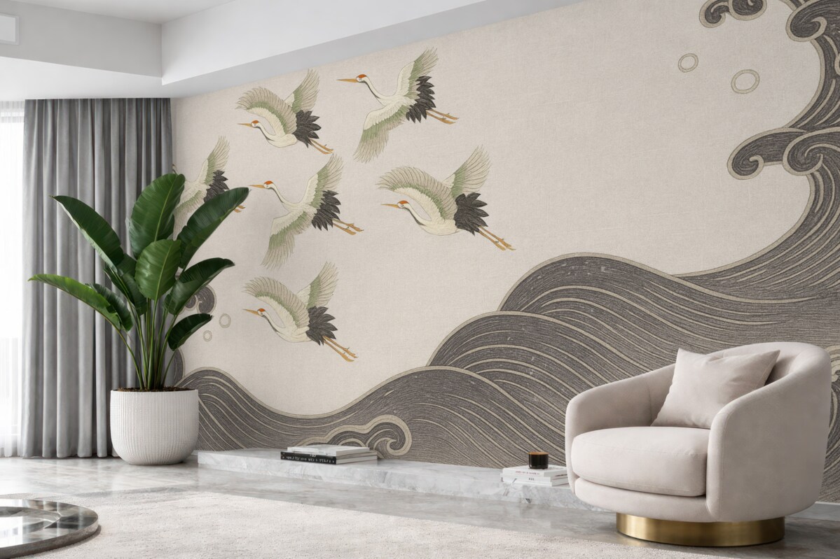 Fototapeta żurawie, szara odmiana, japońska estetyka
