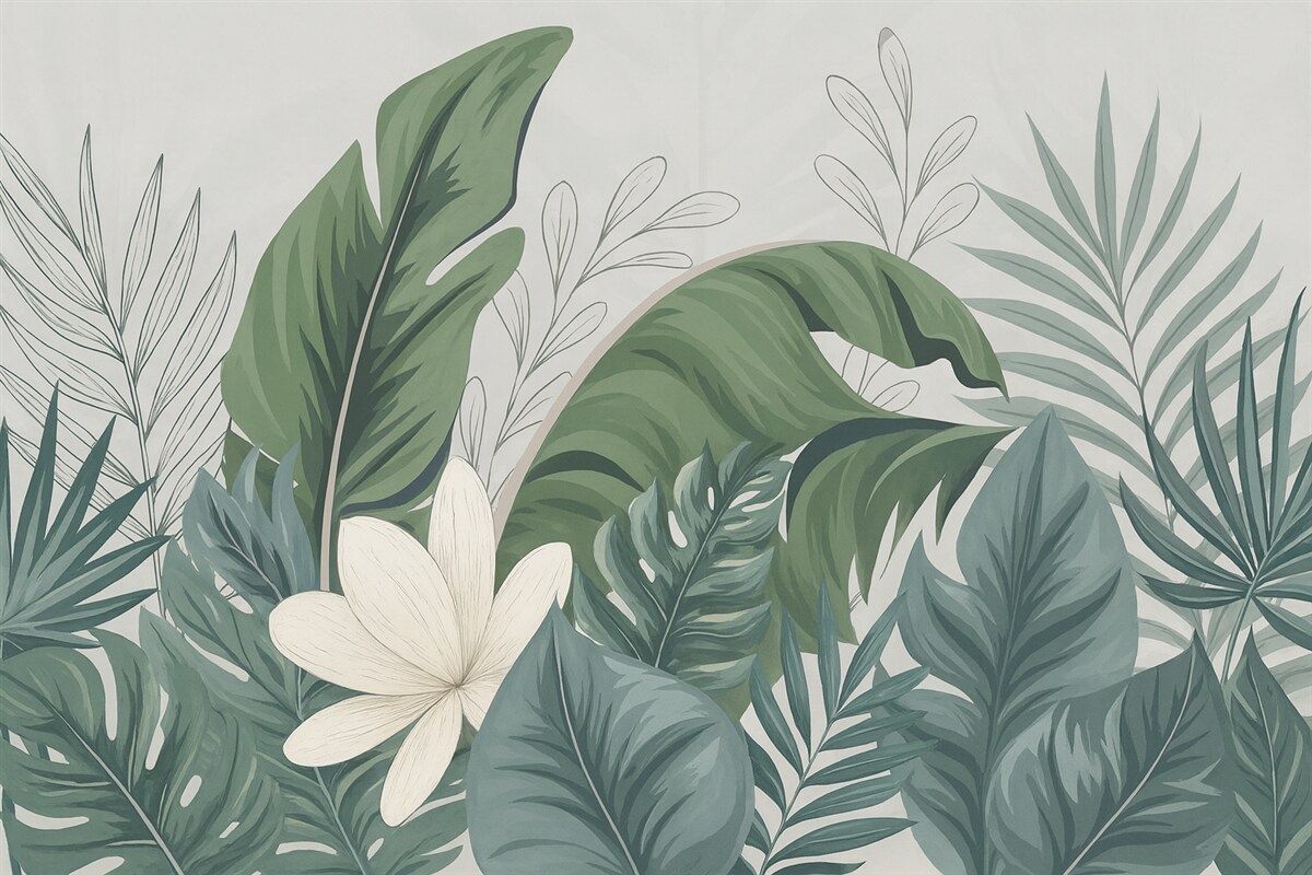 Fototapeta Zielony tropikalny las, tapeta z liści monstery, palm oraz gałęzi.