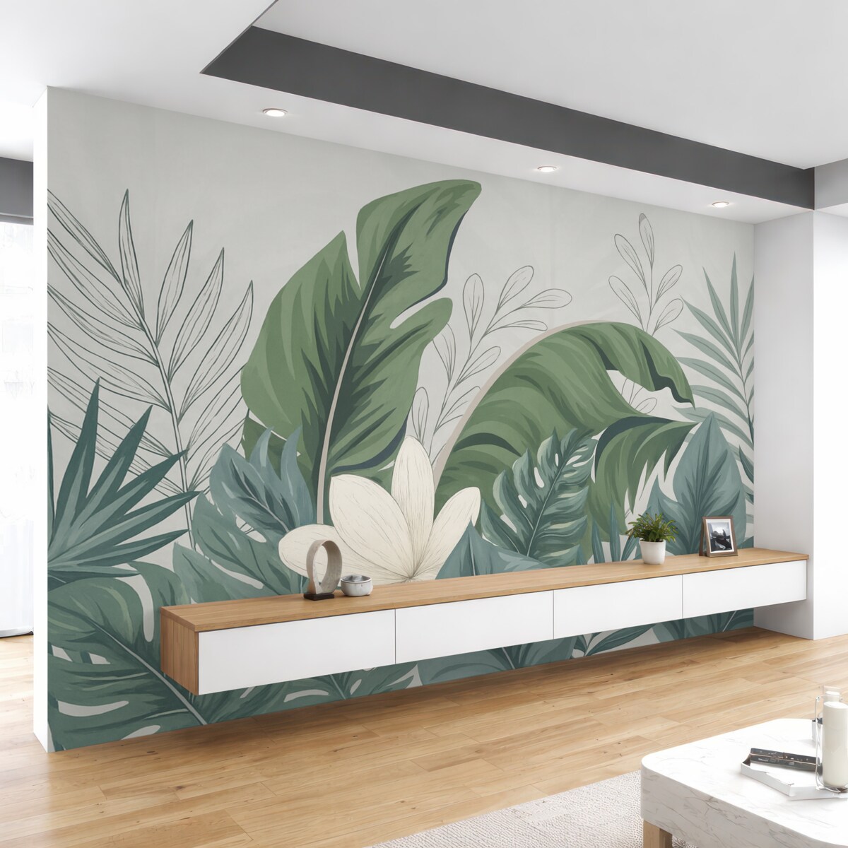 Fototapeta Zielony tropikalny las, tapeta z liści monstery, palm oraz gałęzi.