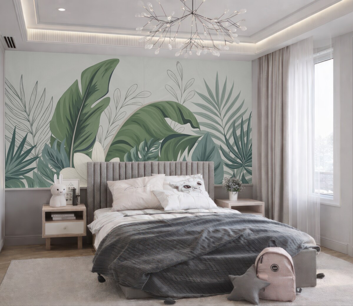 Fototapeta Zielony tropikalny las, tapeta z liści monstery, palm oraz gałęzi.