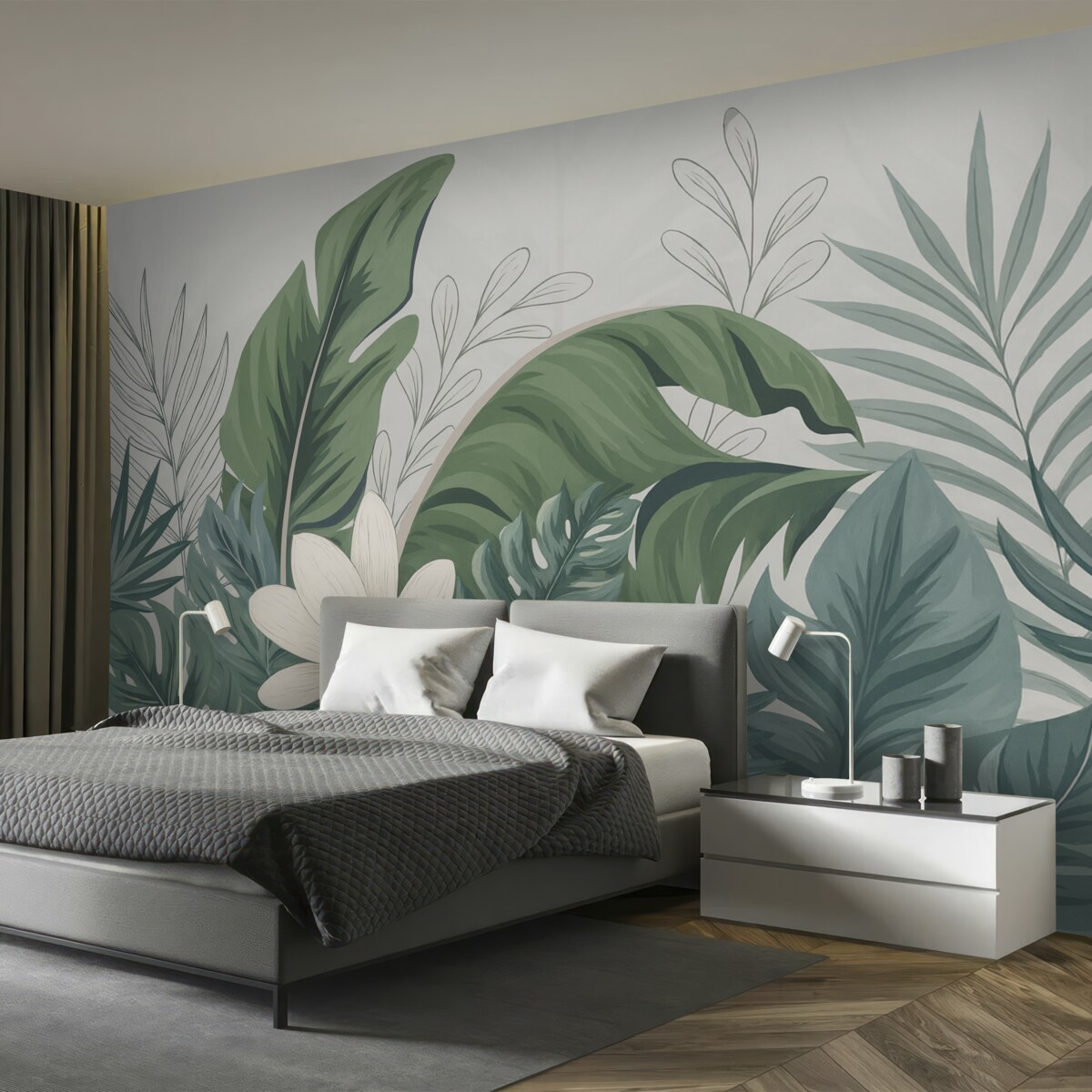 Fototapeta Zielony tropikalny las, tapeta z liści monstery, palm oraz gałęzi.