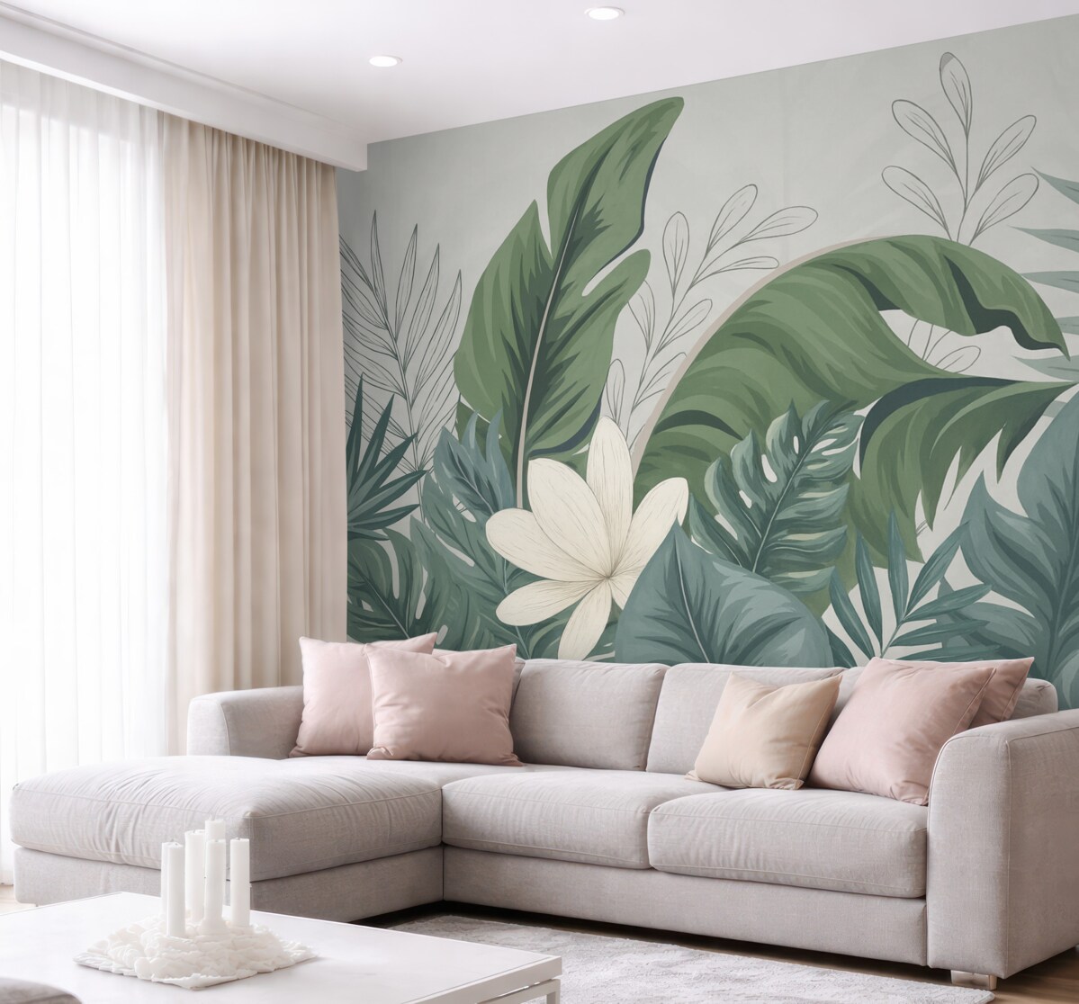 Fototapeta Zielony tropikalny las, tapeta z liści monstery, palm oraz gałęzi.