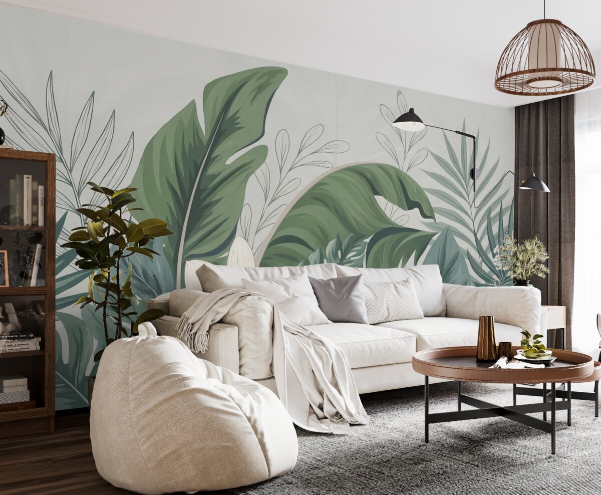 Fototapeta Zielony tropikalny las, tapeta z liści monstery, palm oraz gałęzi.