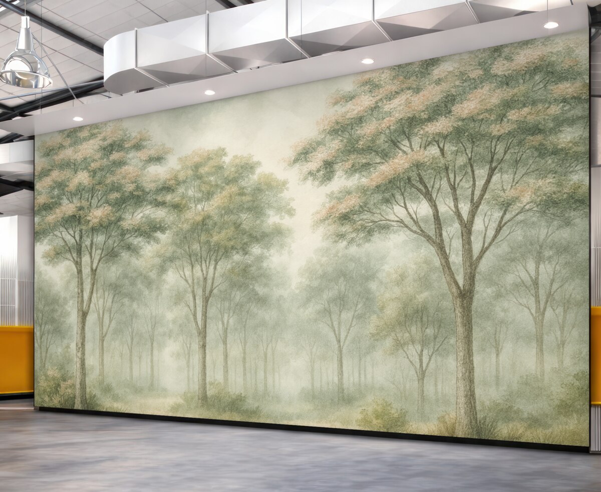 Fototapeta Sylwetka niejasnego lasu w odcieniach zieleni, jasnego szarości i beżu.