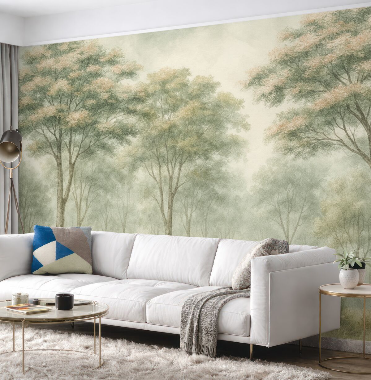 Fototapeta Sylwetka niejasnego lasu w odcieniach zieleni, jasnego szarości i beżu.