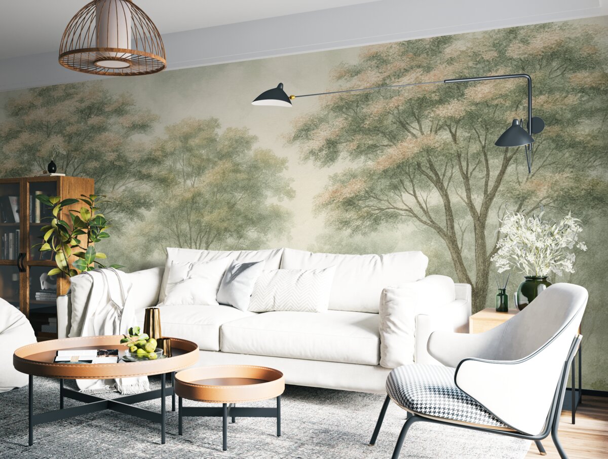 Fototapeta Sylwetka niejasnego lasu w odcieniach zieleni, jasnego szarości i beżu.