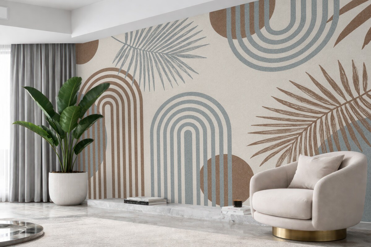 Fototapeta Tapeta z geometrycznymi wzorami i palmami w stylu boho.