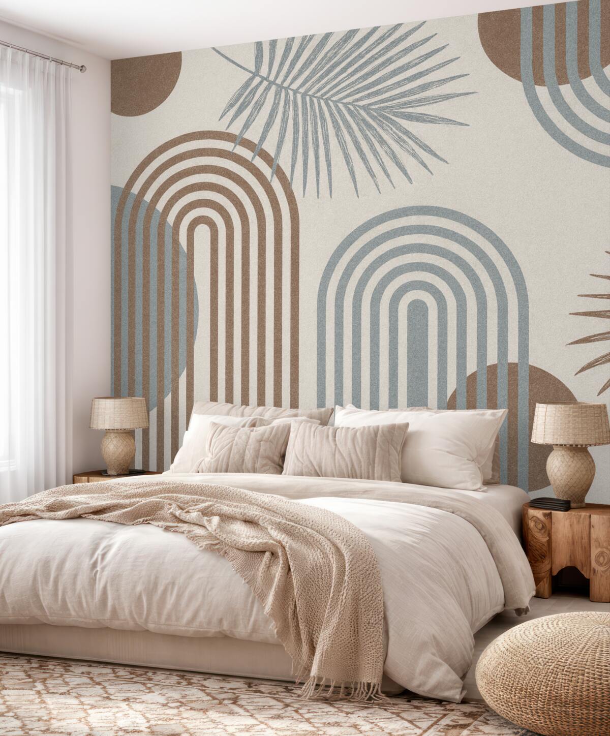 Fototapeta Tapeta z geometrycznymi wzorami i palmami w stylu boho.