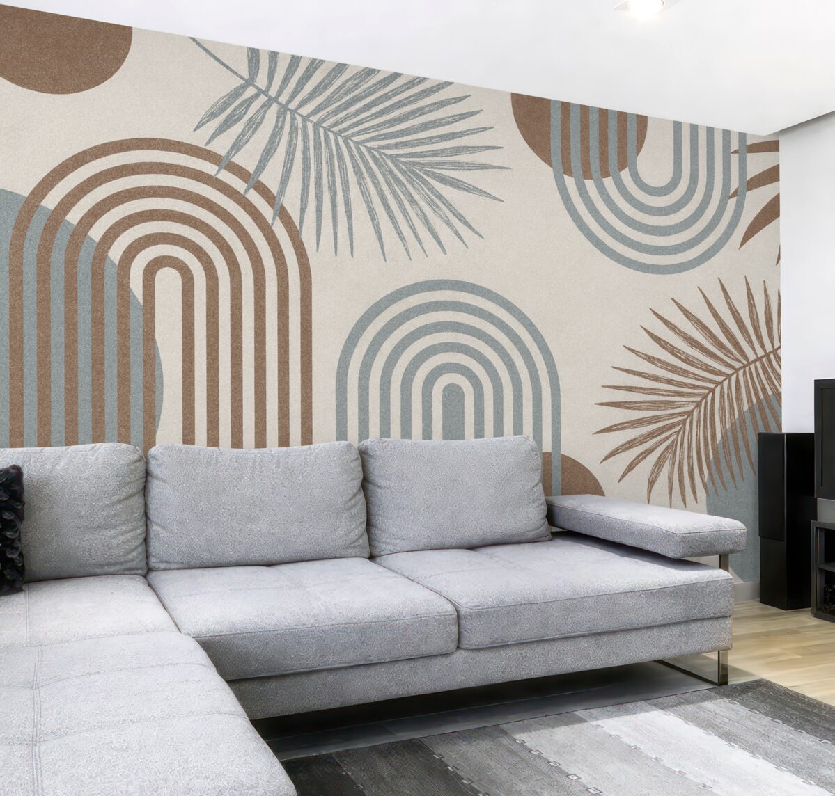 Fototapeta Tapeta z geometrycznymi wzorami i palmami w stylu boho.