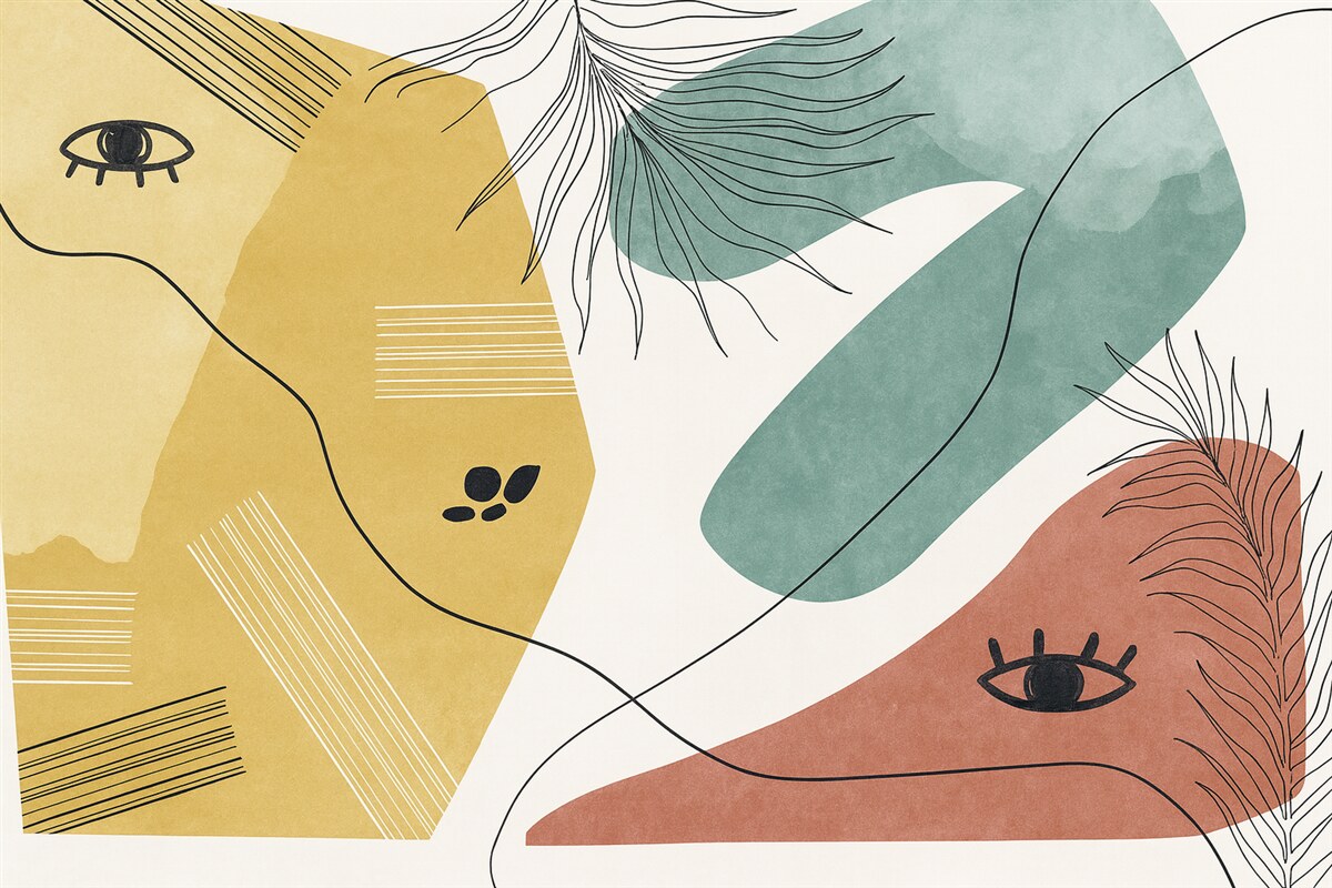 Fototapeta Abstrakcyjne geometryczne formy z liniami, żółty, niebieski, czerwony odcień.