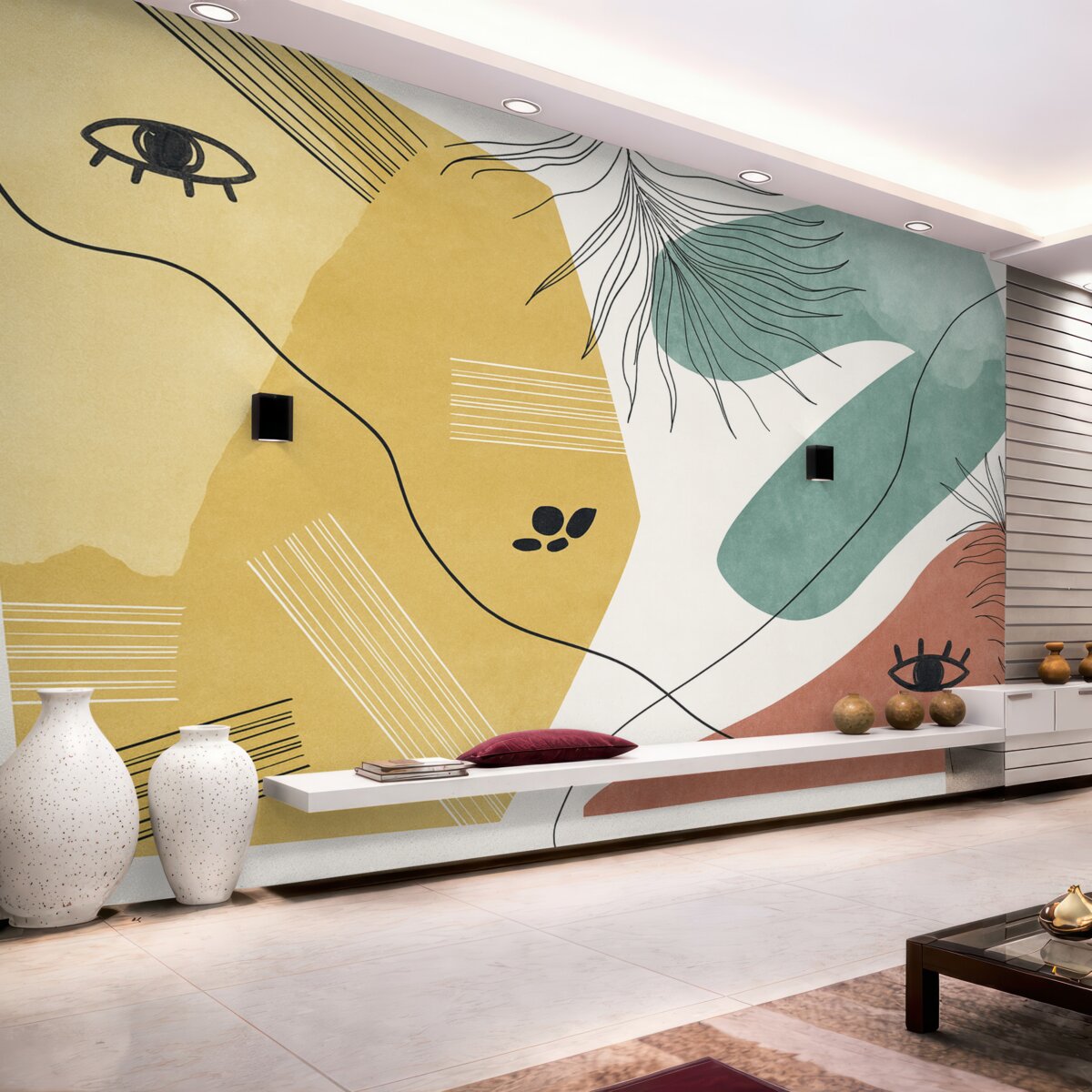 Fototapeta Abstrakcyjne geometryczne formy z liniami, żółty, niebieski, czerwony odcień.