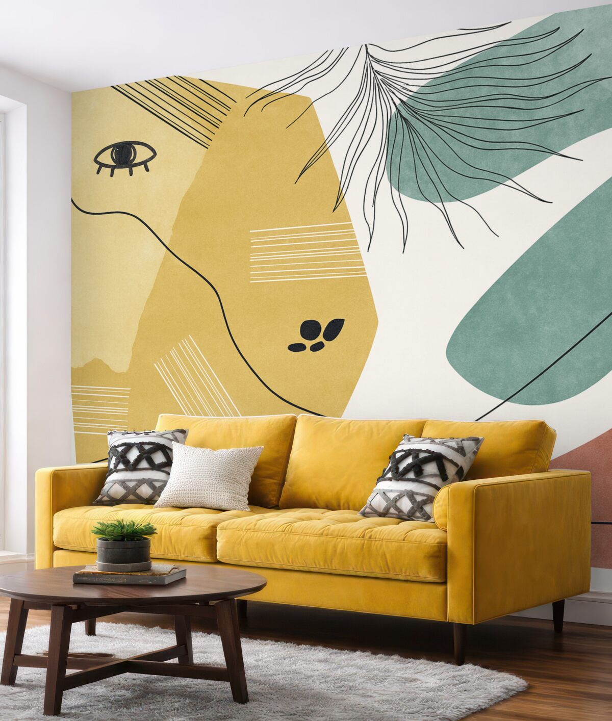 Fototapeta Abstrakcyjne geometryczne formy z liniami, żółty, niebieski, czerwony odcień.