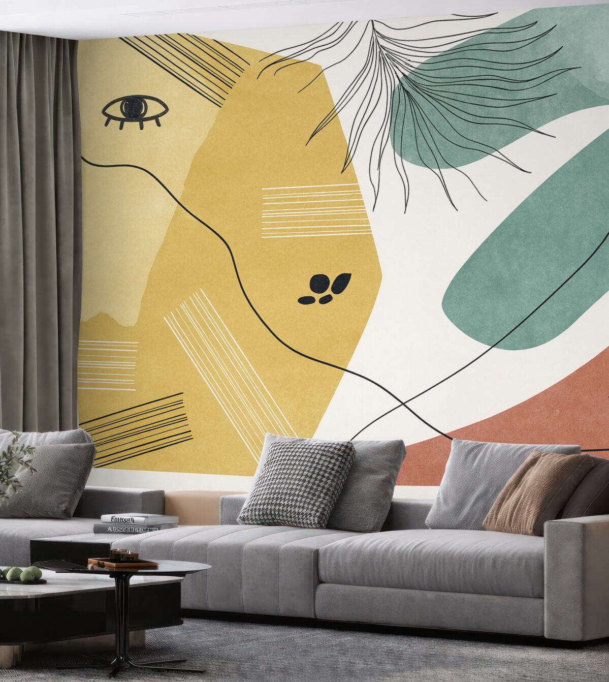 Fototapeta Abstrakcyjne geometryczne formy z liniami, żółty, niebieski, czerwony odcień.