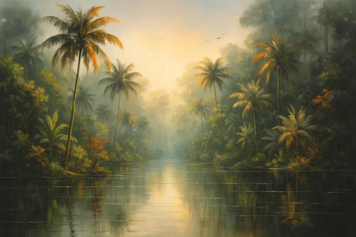 Fototapeta Dżungla przy stawie, palmy, zieleń.