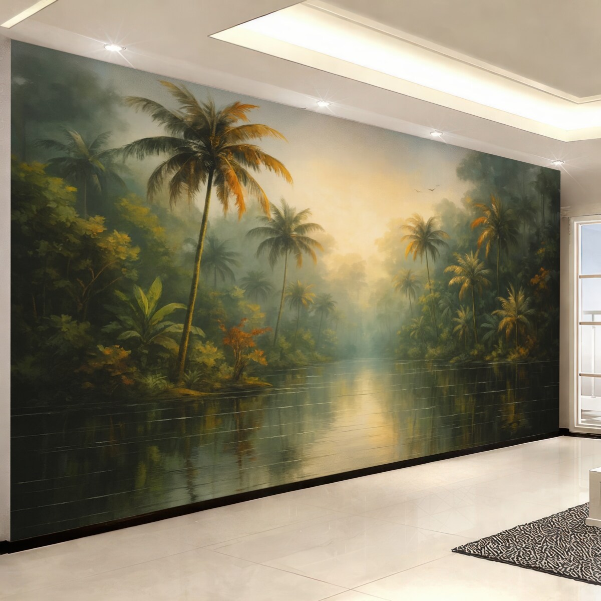 Fototapeta Dżungla przy stawie, palmy, zieleń.