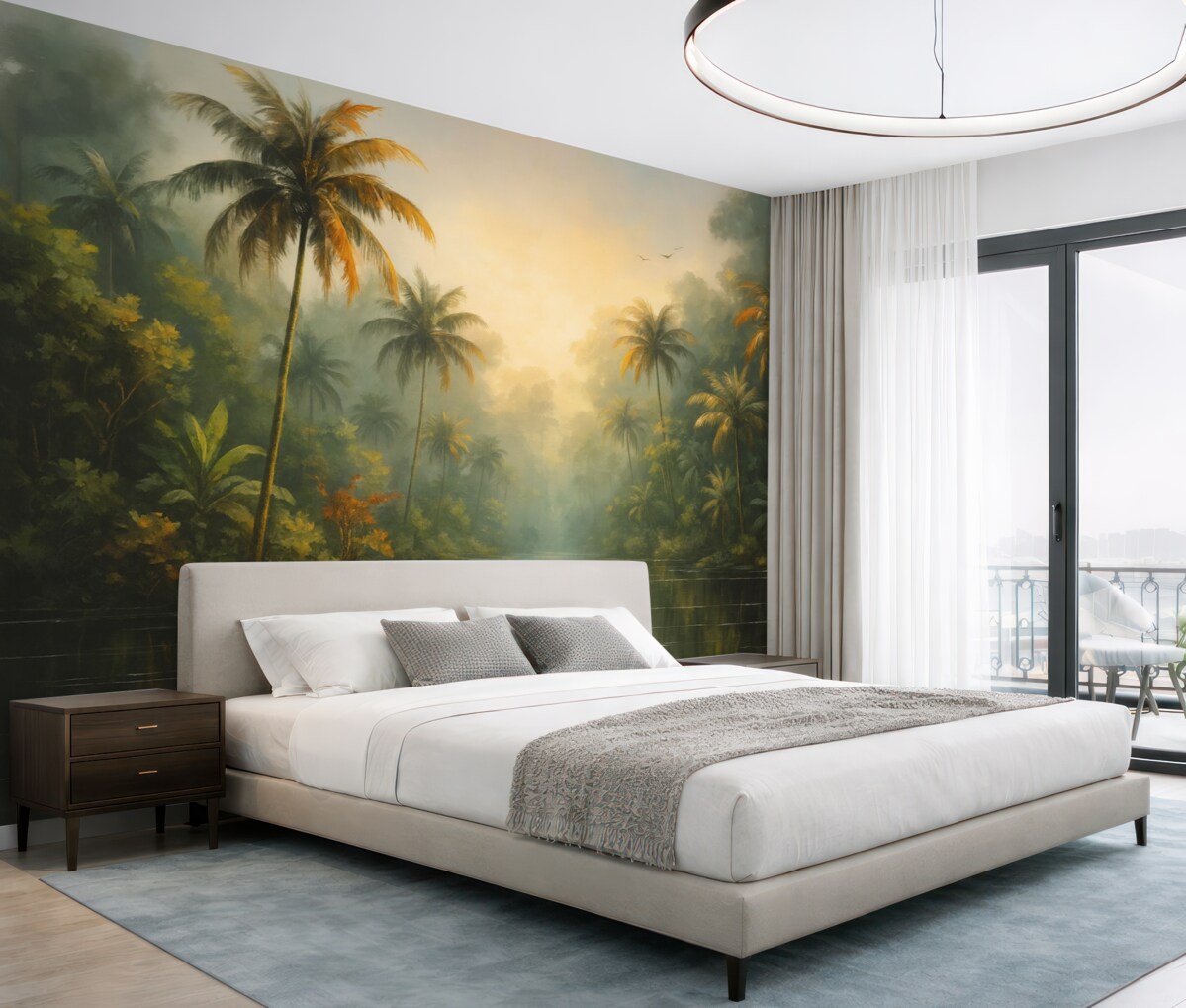 Fototapeta Dżungla przy stawie, palmy, zieleń.