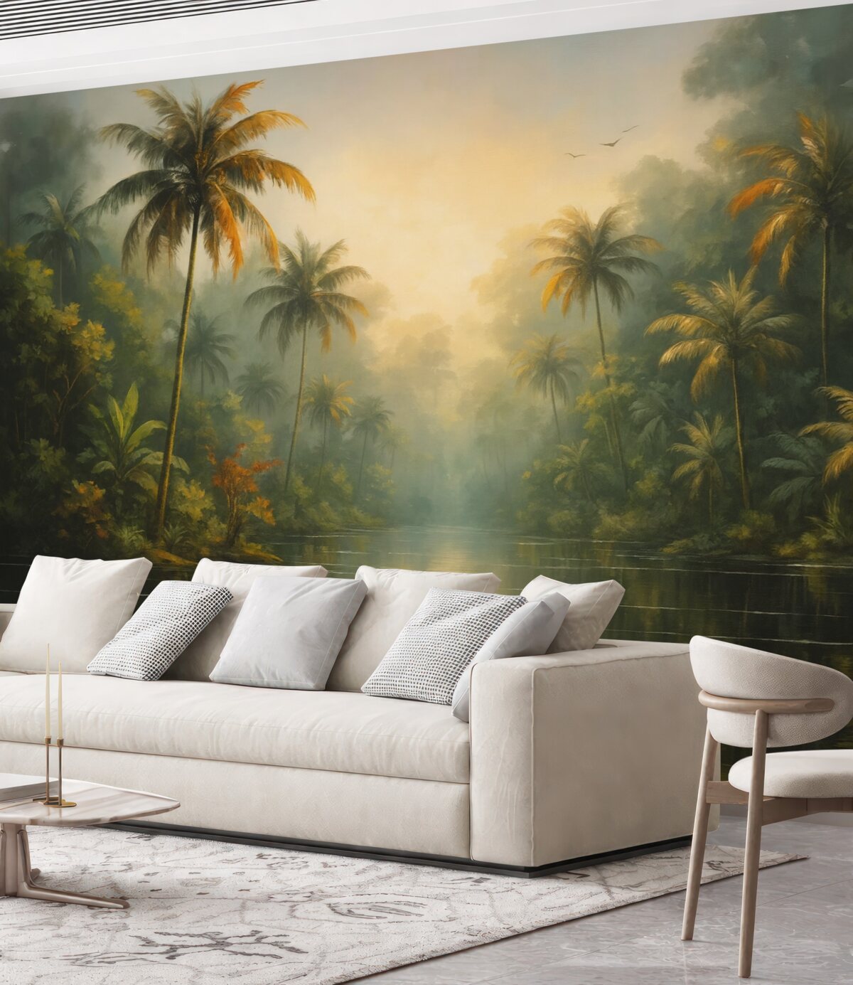 Fototapeta Dżungla przy stawie, palmy, zieleń.