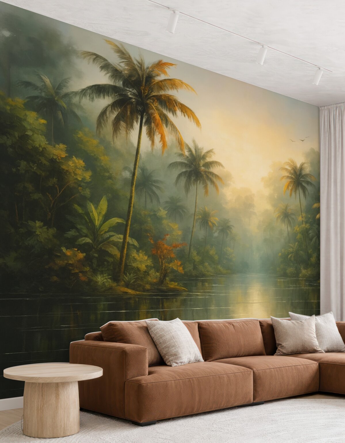 Fototapeta Dżungla przy stawie, palmy, zieleń.