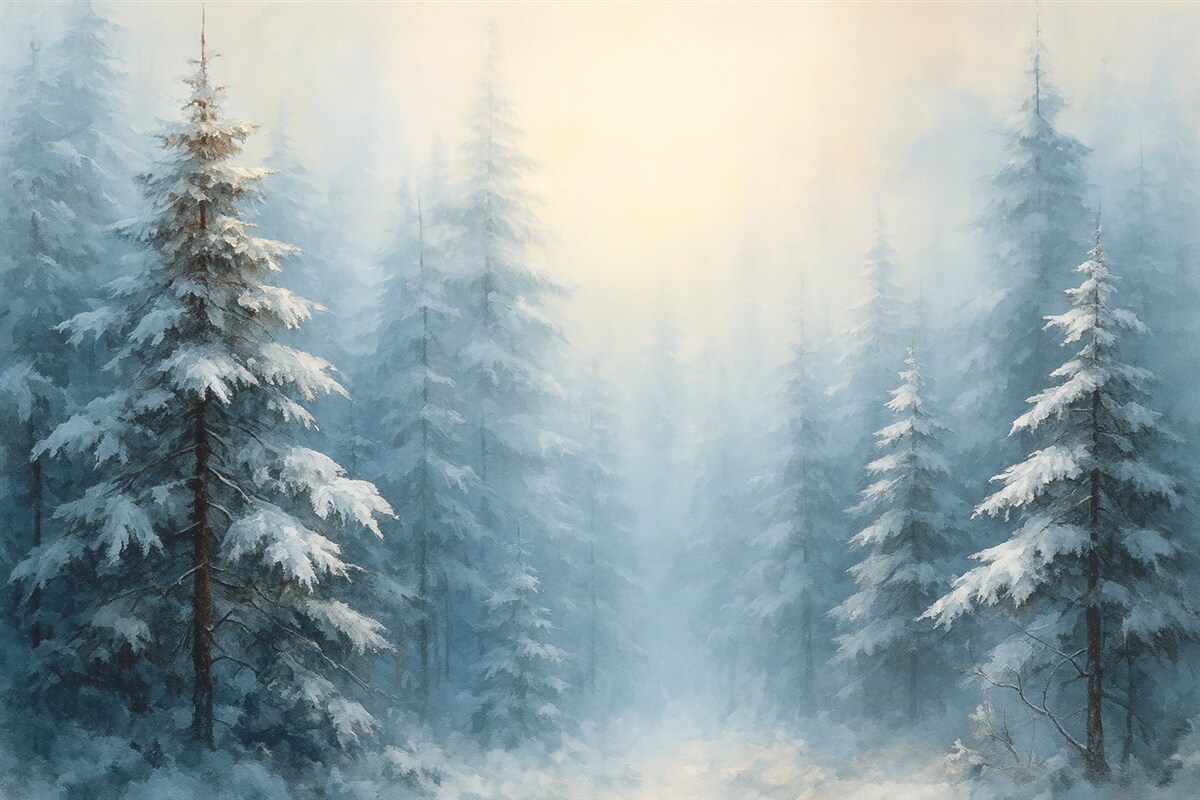 Fototapeta Las jodłowy w mgle, odcień niebieski.