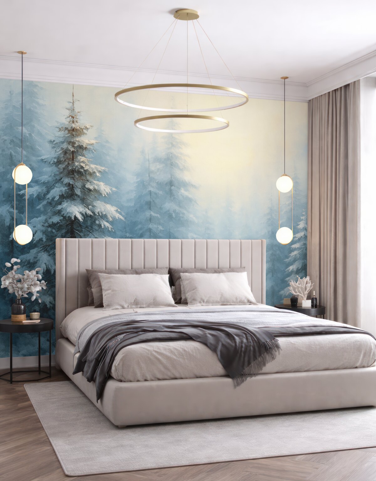 Fototapeta Las jodłowy w mgle, odcień niebieski.