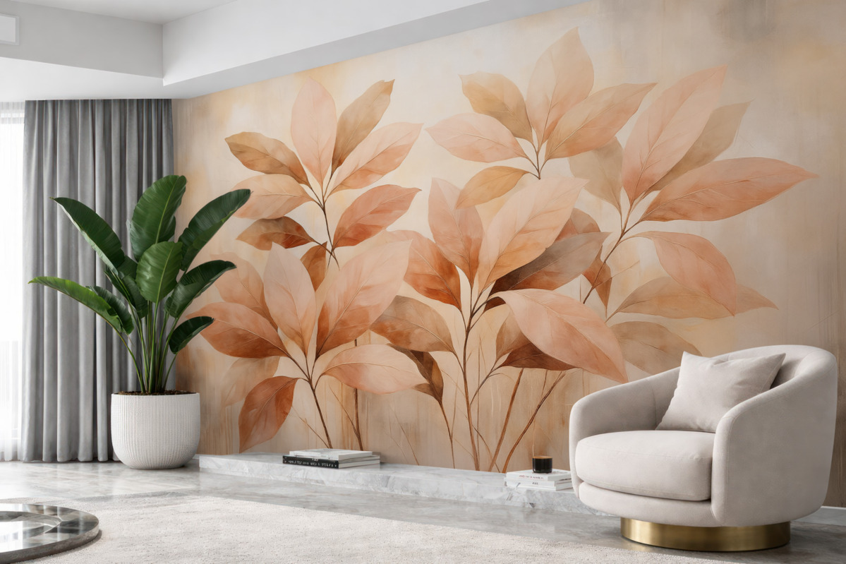 Fototapeta Gałązki z różowymi liśćmi na tle abstrakcyjnym.