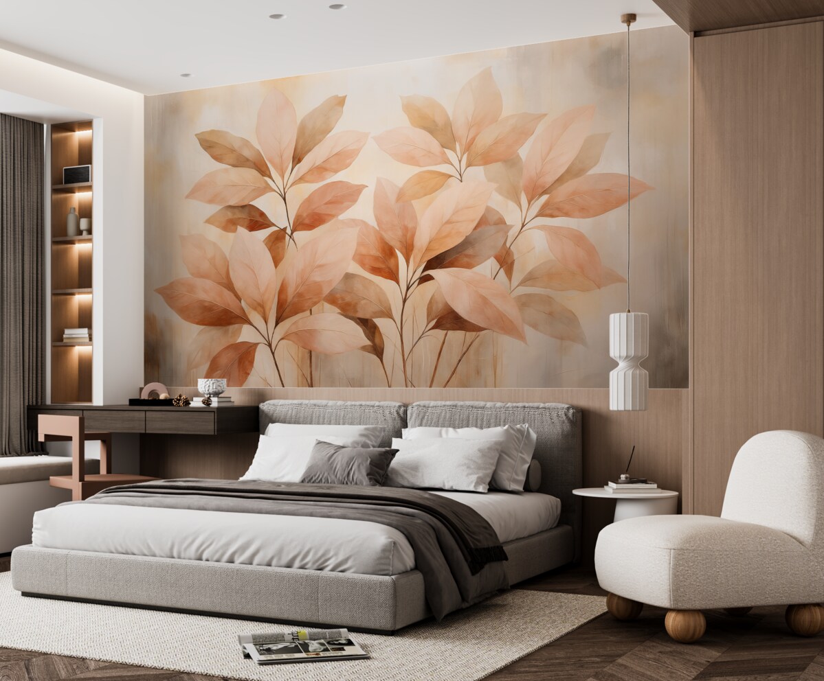 Fototapeta Gałązki z różowymi liśćmi na tle abstrakcyjnym.