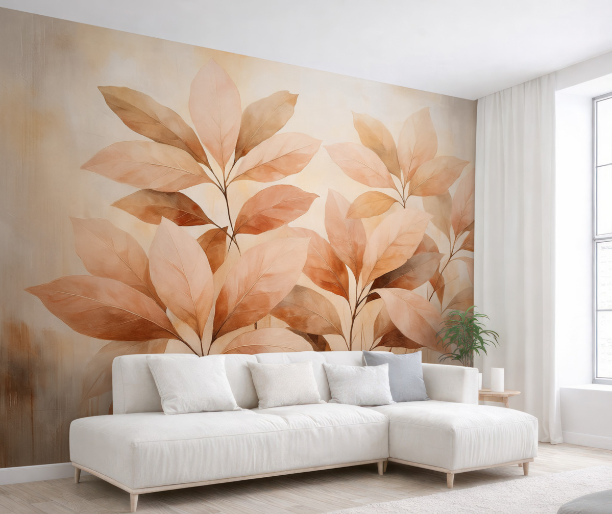 Fototapeta Gałązki z różowymi liśćmi na tle abstrakcyjnym.