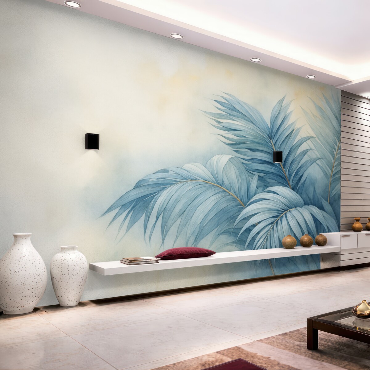 Fototapeta Błękitne liście palmy w otoczeniu mgły.