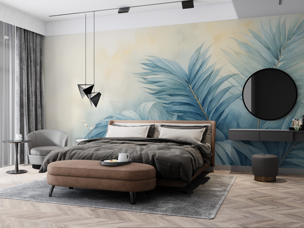 Fototapeta Błękitne liście palmy w otoczeniu mgły.