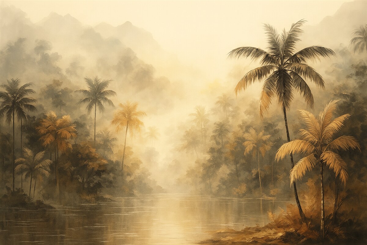 Fototapeta Tropikalny las z palmami o poranku.