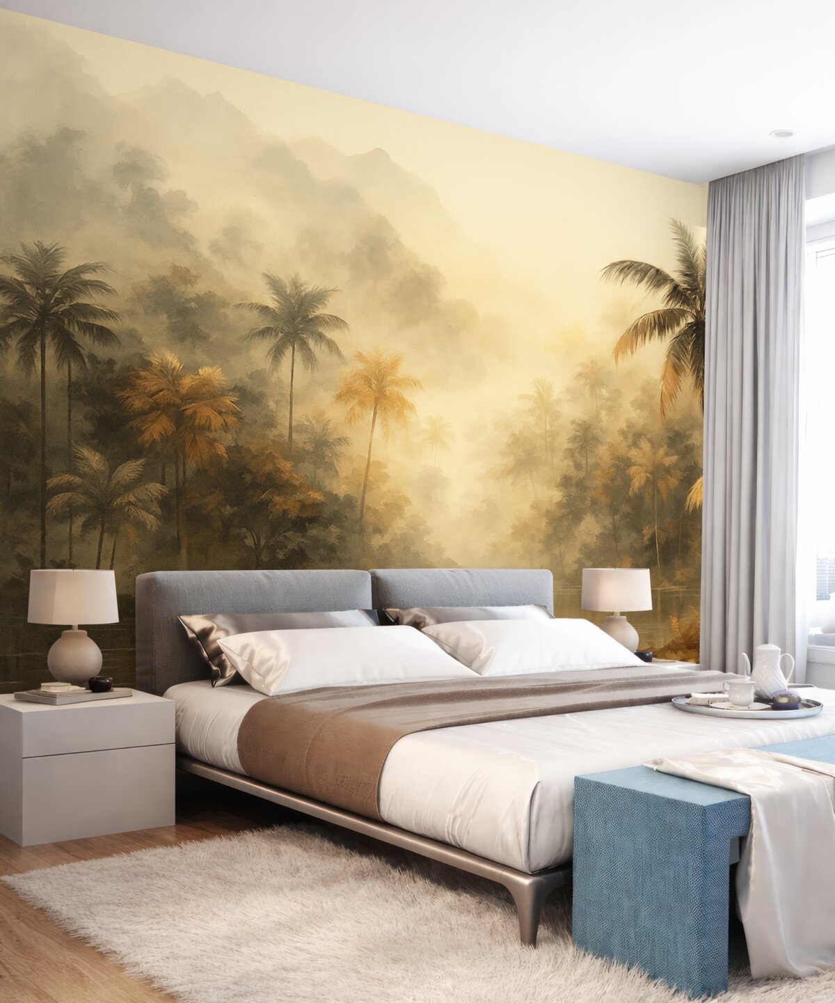 Fototapeta Tropikalny las z palmami o poranku.