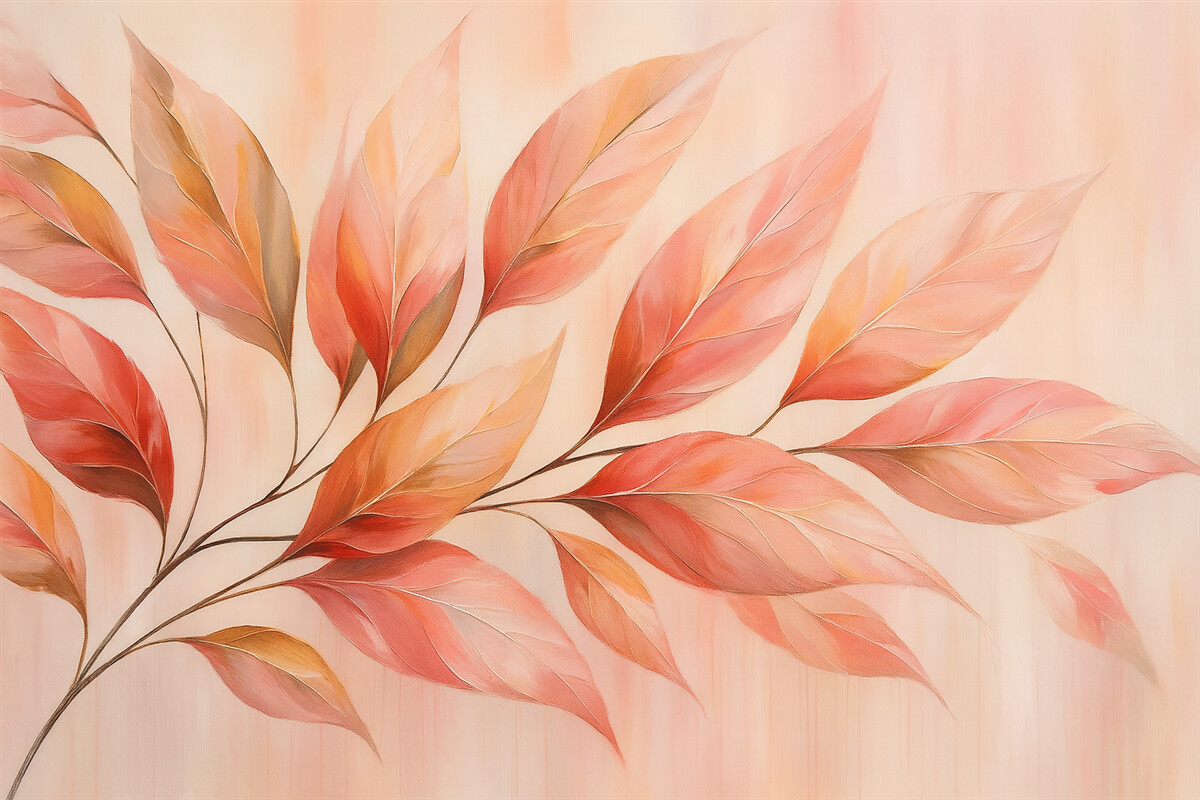 Fototapeta Gałązka z różowymi foliami na abstrakcyjnym tle przypominającym obraz.