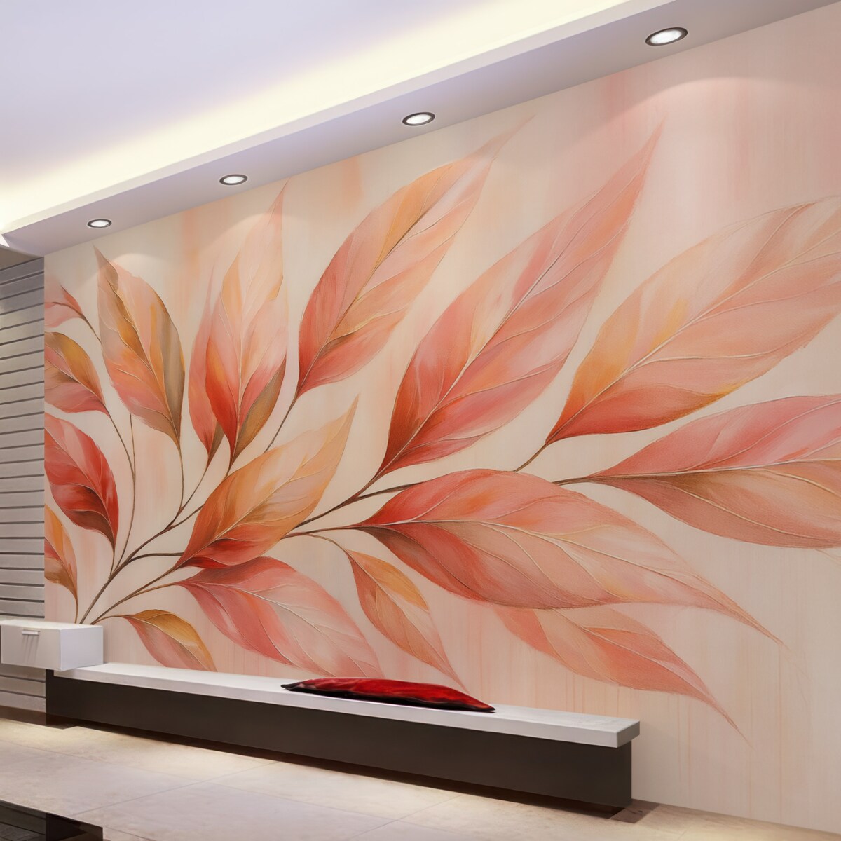 Fototapeta Gałązka z różowymi foliami na abstrakcyjnym tle przypominającym obraz.