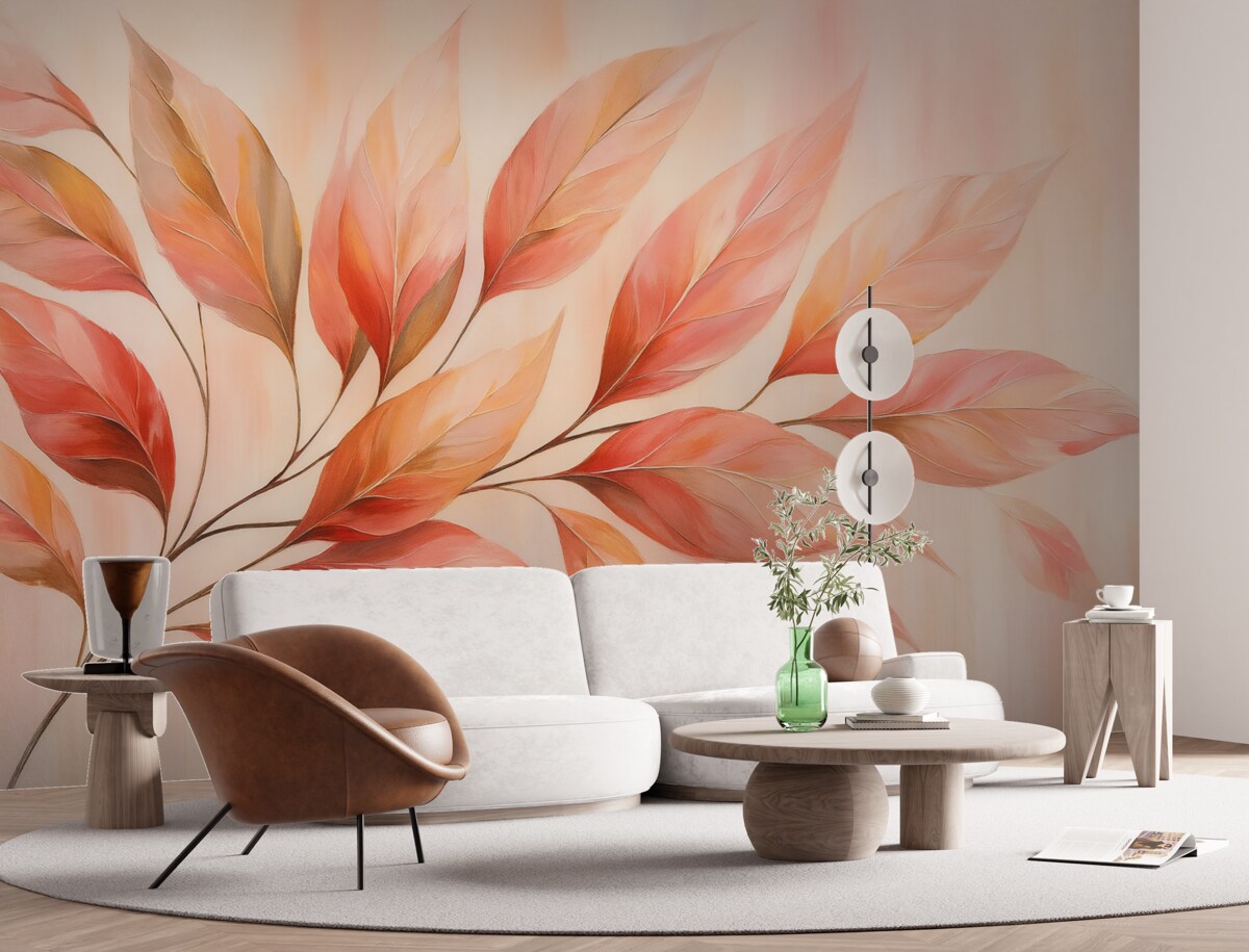 Fototapeta Gałązka z różowymi foliami na abstrakcyjnym tle przypominającym obraz.