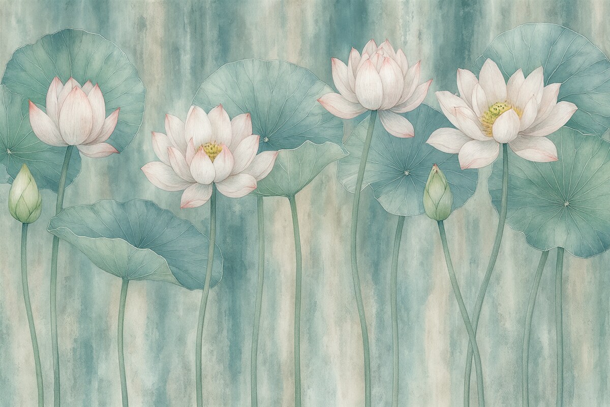 Fototapeta Kwiaty oraz liście lotosu na ścianie w stylu grunge.