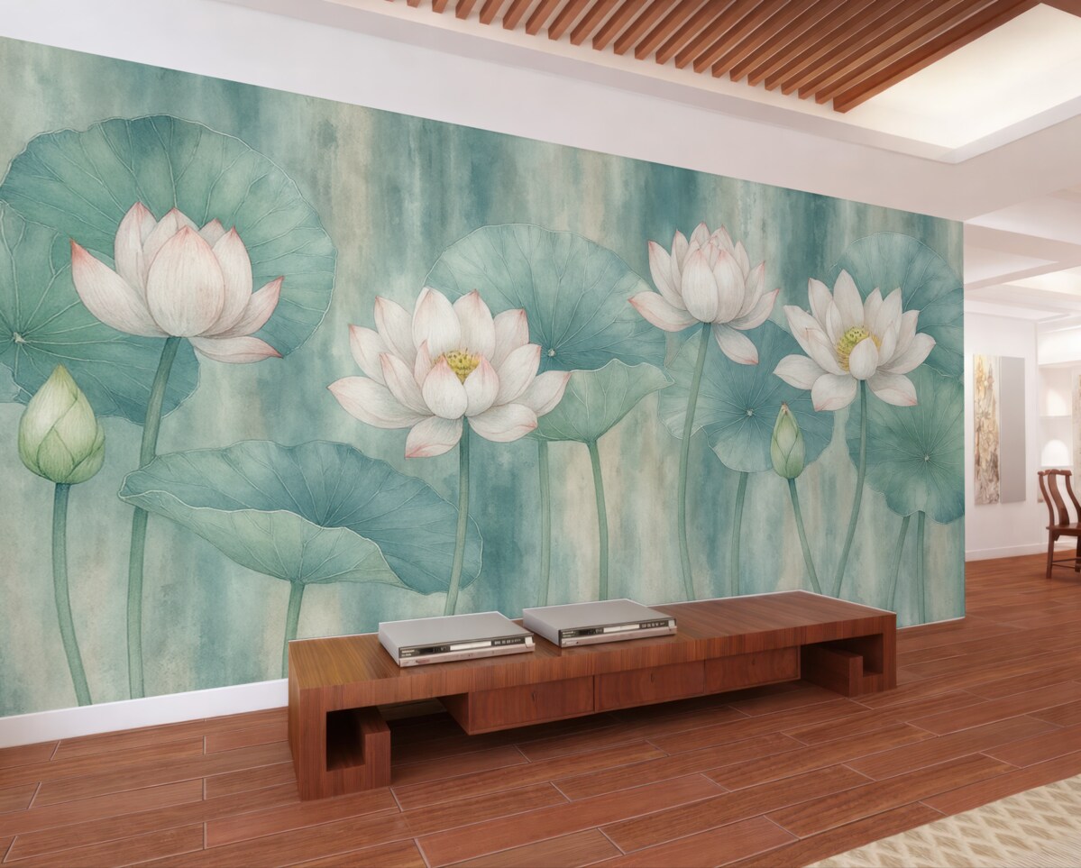 Fototapeta Kwiaty oraz liście lotosu na ścianie w stylu grunge.