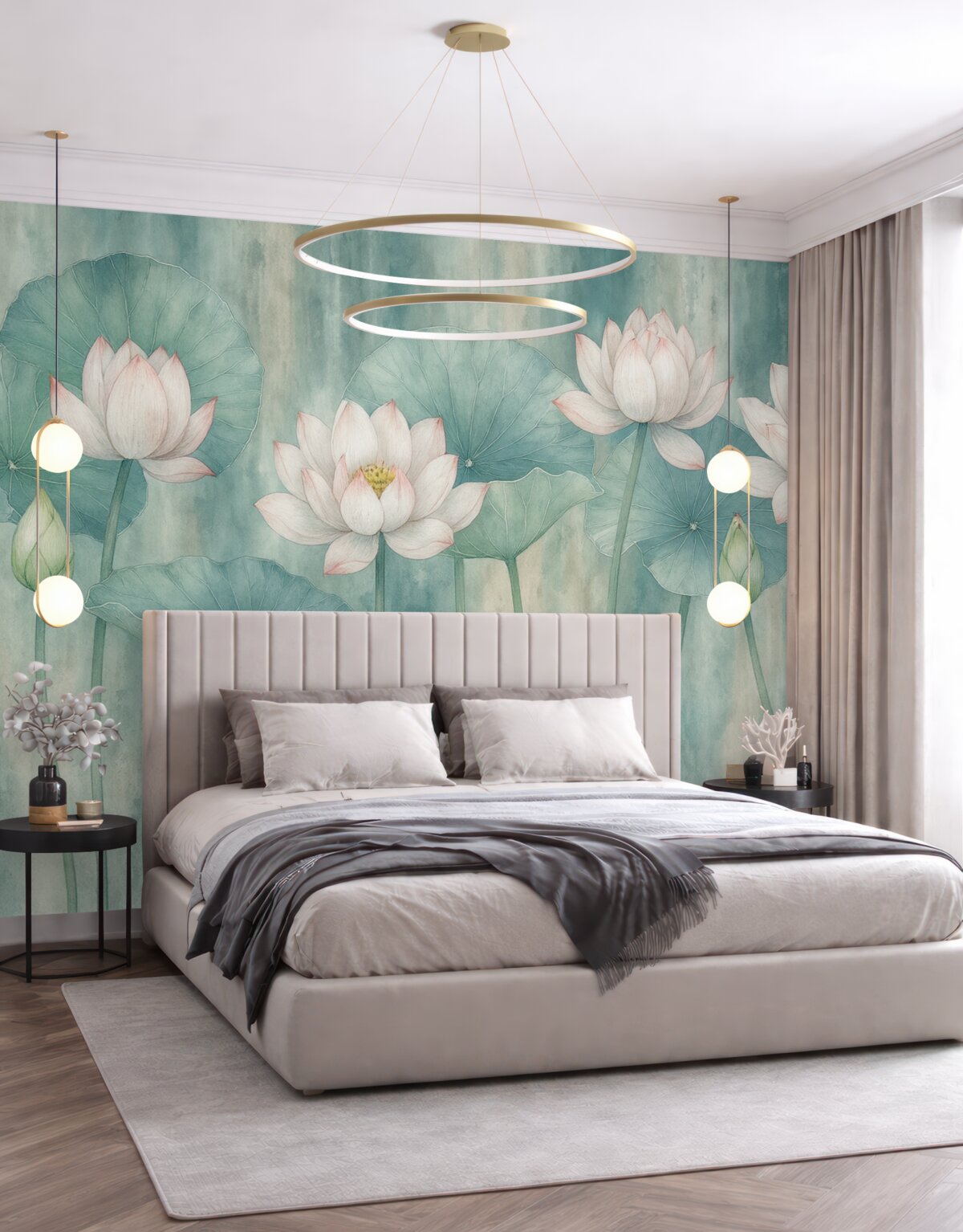 Fototapeta Kwiaty oraz liście lotosu na ścianie w stylu grunge.