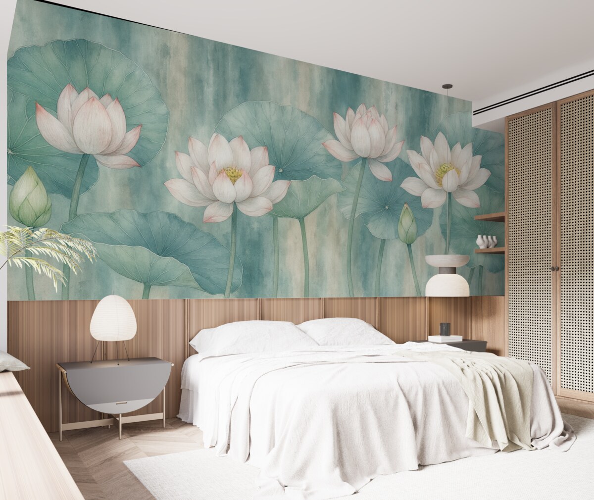 Fototapeta Kwiaty oraz liście lotosu na ścianie w stylu grunge.