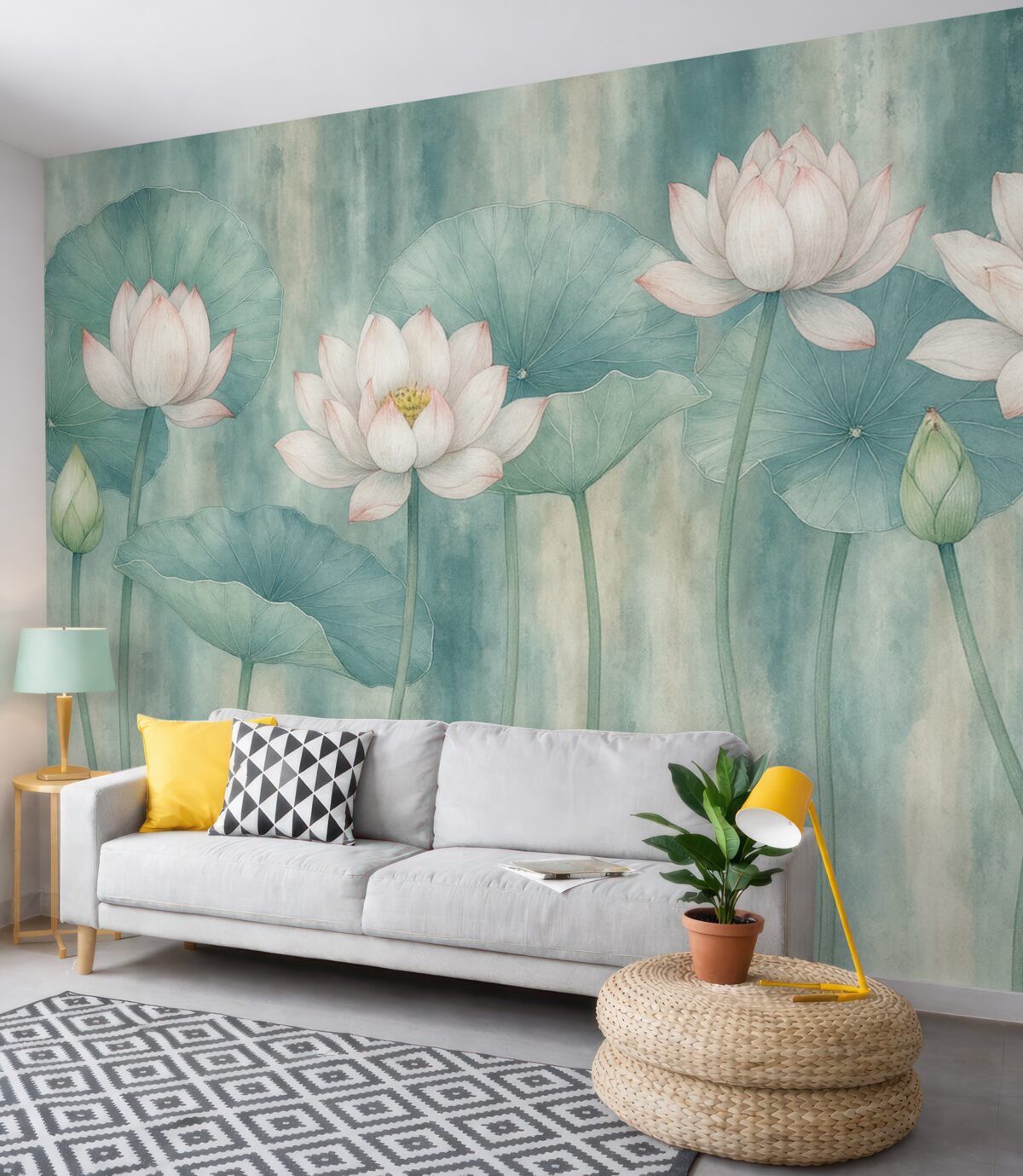 Fototapeta Kwiaty oraz liście lotosu na ścianie w stylu grunge.