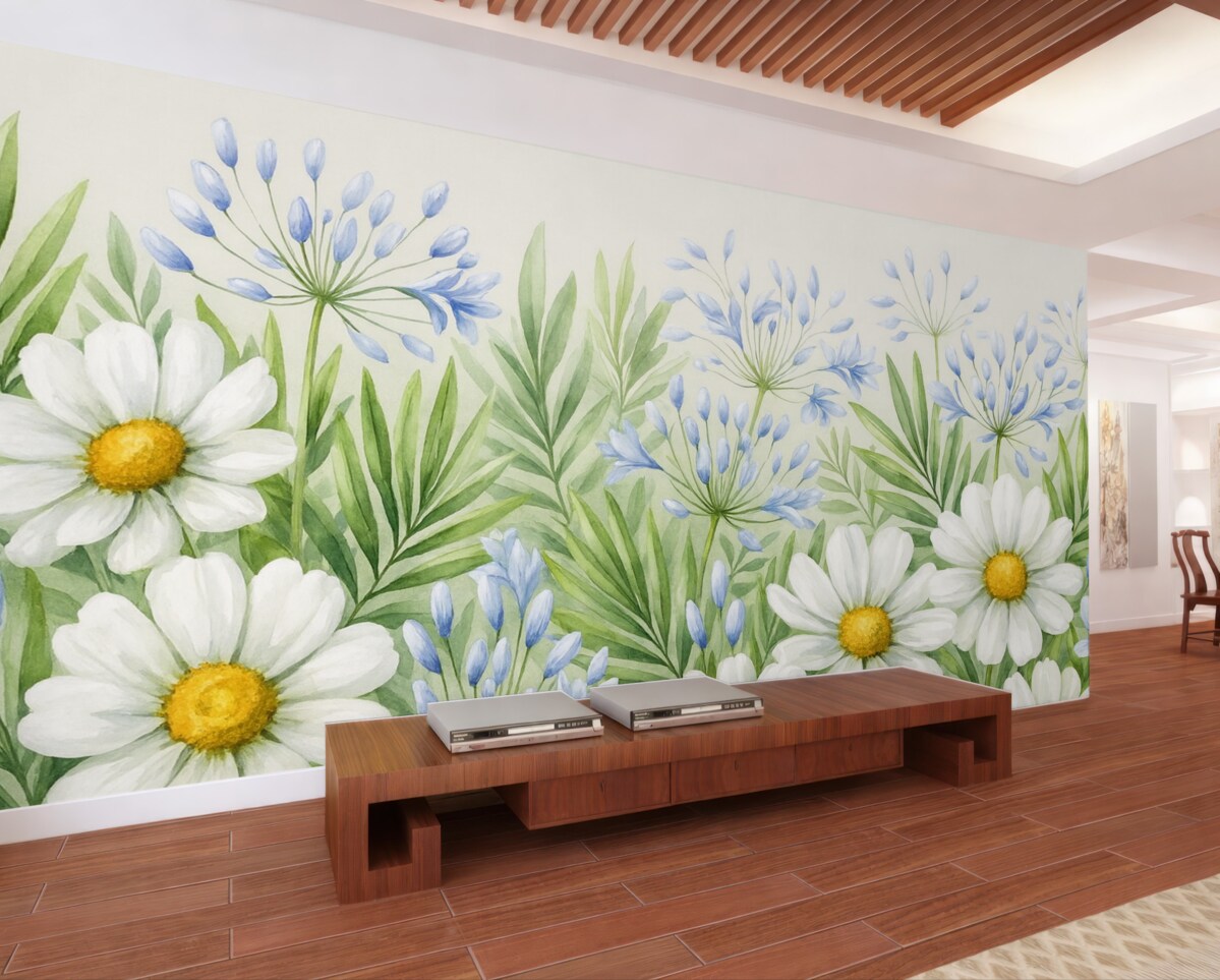 Fototapeta stokrotki, dzikie kwiaty, liście, błękitne kwiaty, aranżacja kwiatowa