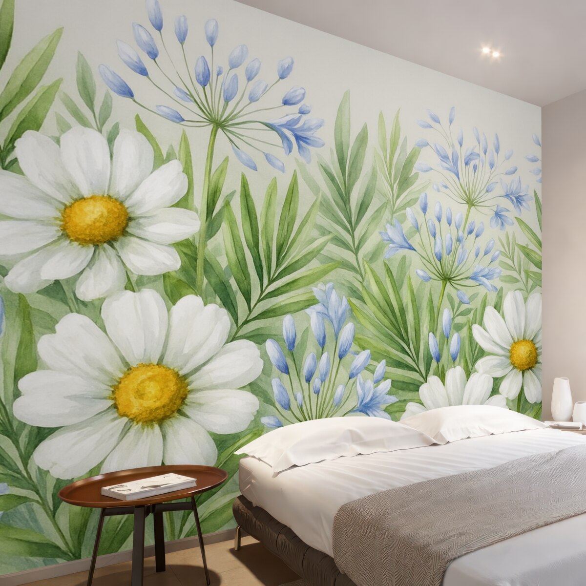 Fototapeta stokrotki, dzikie kwiaty, liście, błękitne kwiaty, aranżacja kwiatowa